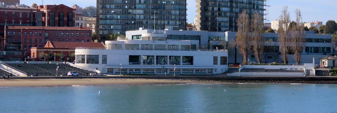 A view of the Maritime Museum as seen from Aquatic Park Cove.