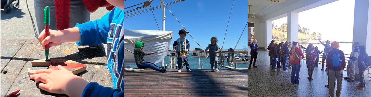 A collage of three photos depicting children at education programs in the park