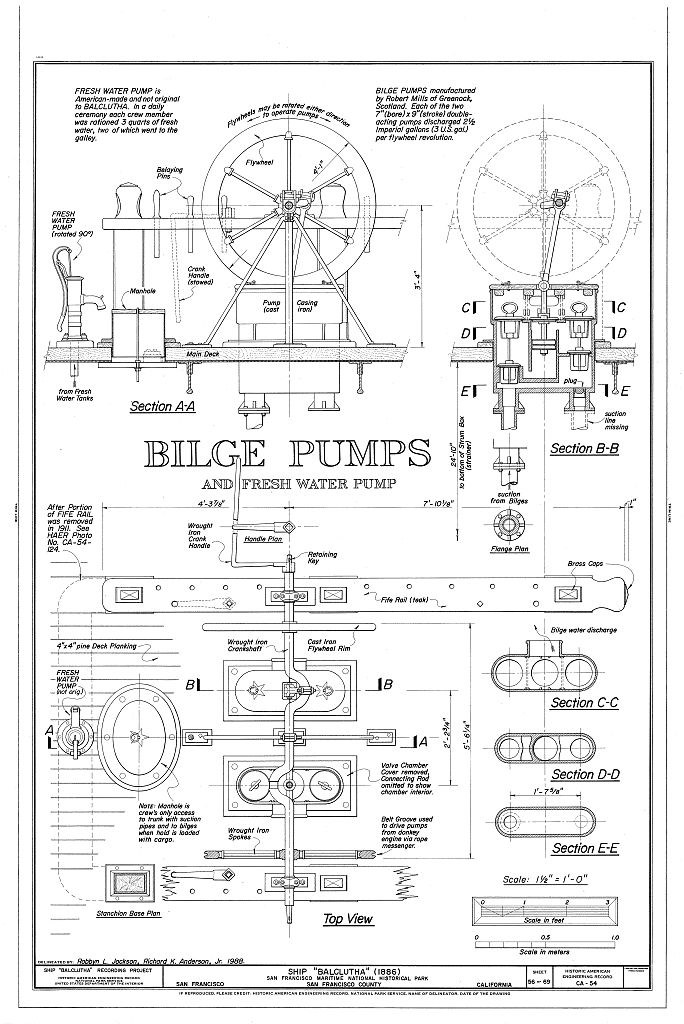 A technical drawing of pumps used on a ship.