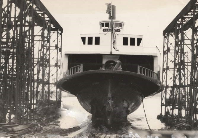 A historic photo of a ferryboat being launched.