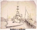 Black and white drawing of the USS Olympia at dock