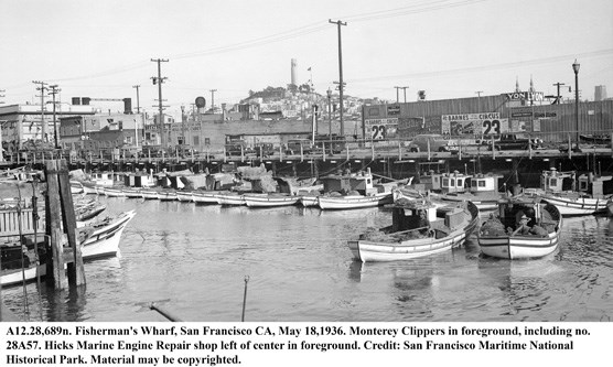A photo taken in 1936 of Monterey fishing boats at Fisherman's Wharf in San Francisco, CA.