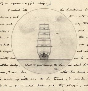 A page from a journal with a drawing of a sailing ship with words surrounding it.