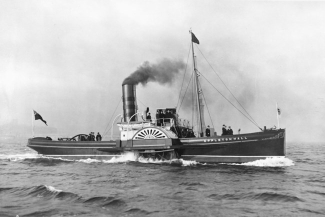 Black and white photo of the steam sidewheeler ship Eppleton Hall on the water in 1914