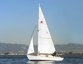 A boat sailing on SF Bay with a white mainsail and jib.