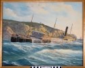 Color oil painting of the port view of the tanker with decks awash
