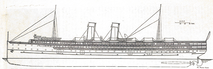 A line drawing of a steamship.