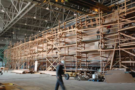 The starboard side of the hull showing new 80 foot long planking.