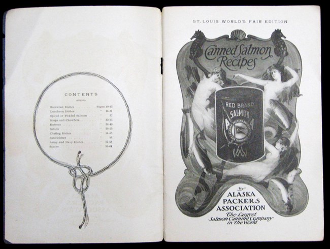 St. Louis World's Fair edition of Canned Salmon Recipes title page spread (SAFR 22657)