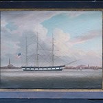 An oil painting of a three-masted sailing ship.