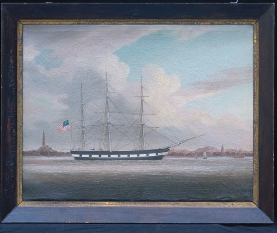 An oil painting of the three-masted sailing ship NIANTIC, in port at Ningpo, China. The date of the painting is circa 1836-1839. It is 27 inches wide and 22 inches high, in a plain, brown wood frame.