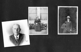 A page from an old photo album with three black and white photos of people.