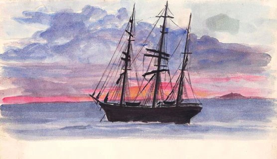 This watercolor painting by John Milton Ramm is a port side view of the bark Lina anchored at Accra, Ghana with a dusk-filled horizon behind it. SAFR 13852.