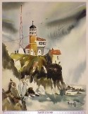 Watercolor painting of the lighthouse on the bluff with people around it and birds on rocks in the foreground (SAFR 11370)