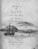 Drawing of the ship receiving passengers in the harbor in Panama with handwritten text