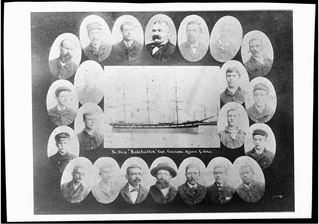 several smaller historica photos of Balclutha's original crew arranged around a historical photo of Balclutha