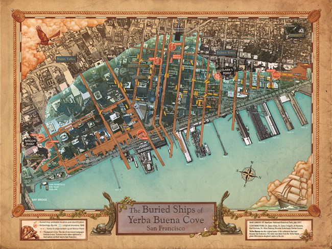 Color aerial view drawn map showing the historic water line and locations of ships buried during the development of San Francisco, overlayed with current buildings in the city's downtown area.