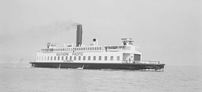 A ferryboat from the 1920s steaming on San Francisco Bay.