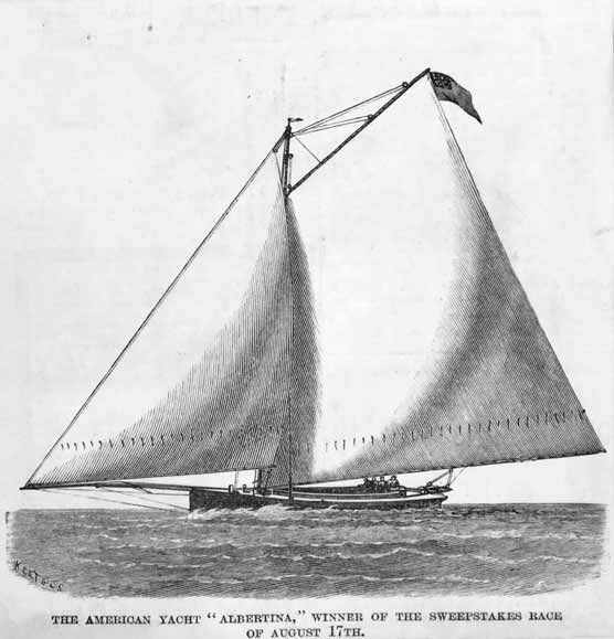 An engraving of a small sailboat with huge sails.