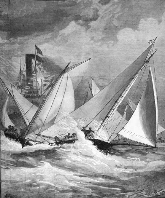 An engraving from the 1800s depicting several sailboats racing.