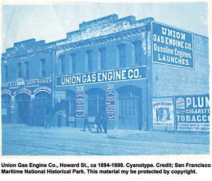 The exterior of the Union Gas Engine Company office building on Howard Street in San Francisco in the 1890s.