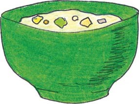 A drawing of a green bowl of chowder.