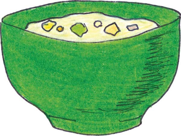 A drawing of a green bowl with clam chowder in it.