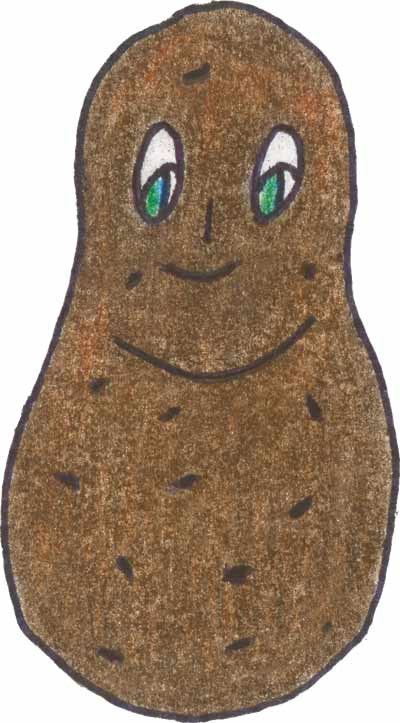 A drawing of a brown, cute potato with green eyes.