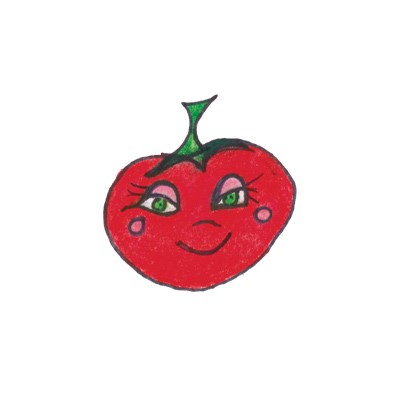 A drawing of a red tomatoe with eyes and eyelashes.