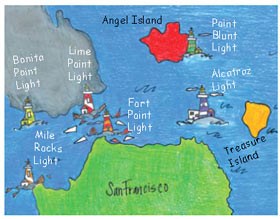 A colorful, hand-drawn map of SF Bay and lighthouses.