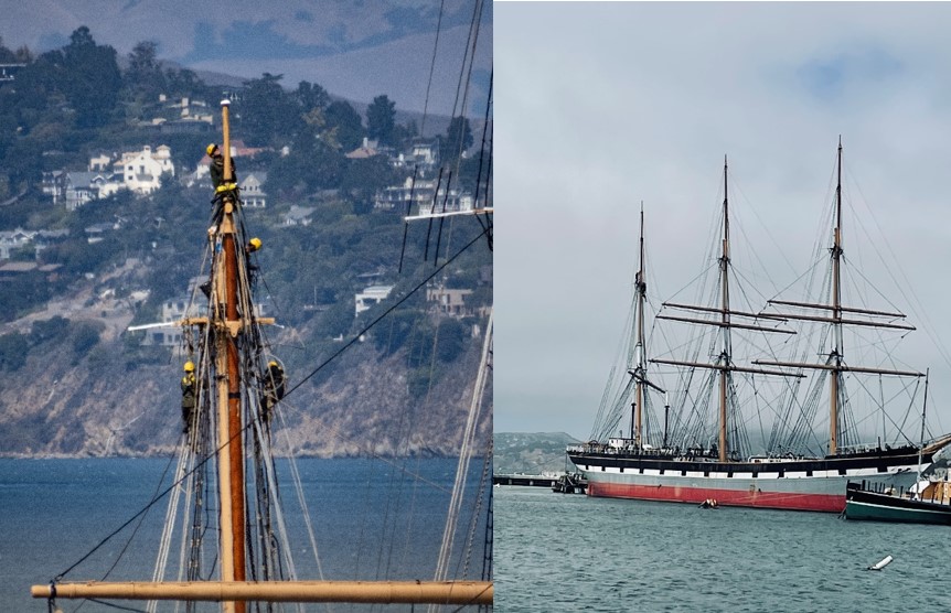 NPS rigging crew aloft the mizzen mast of Balclutha; Balclutha berthed at Hyde Street Pier with all new topgallant masts