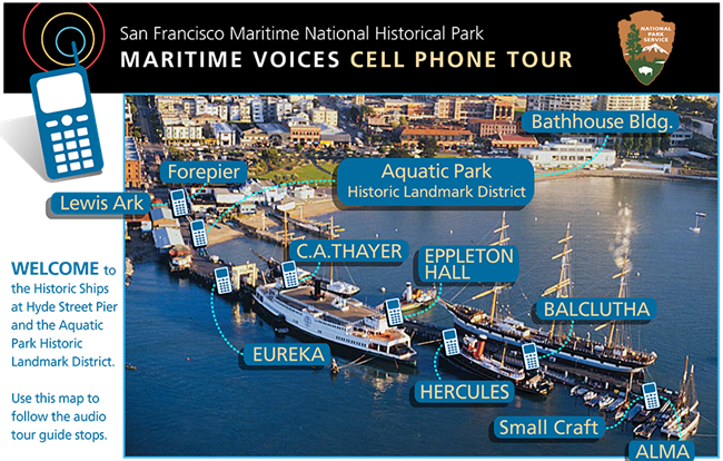 Guide map for the park's Maritime Voices Cell Phone Tour. The stops listed on this page are shown next to the associated landmark.