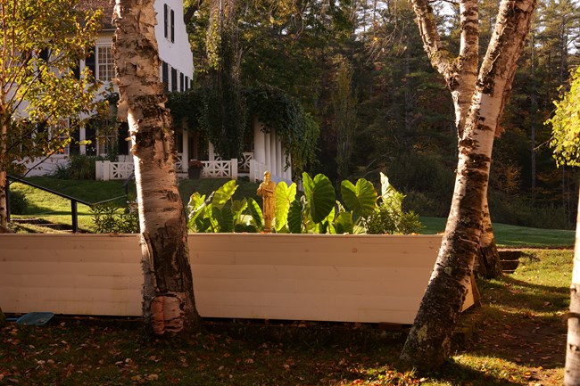 gold sculpture in front of bench