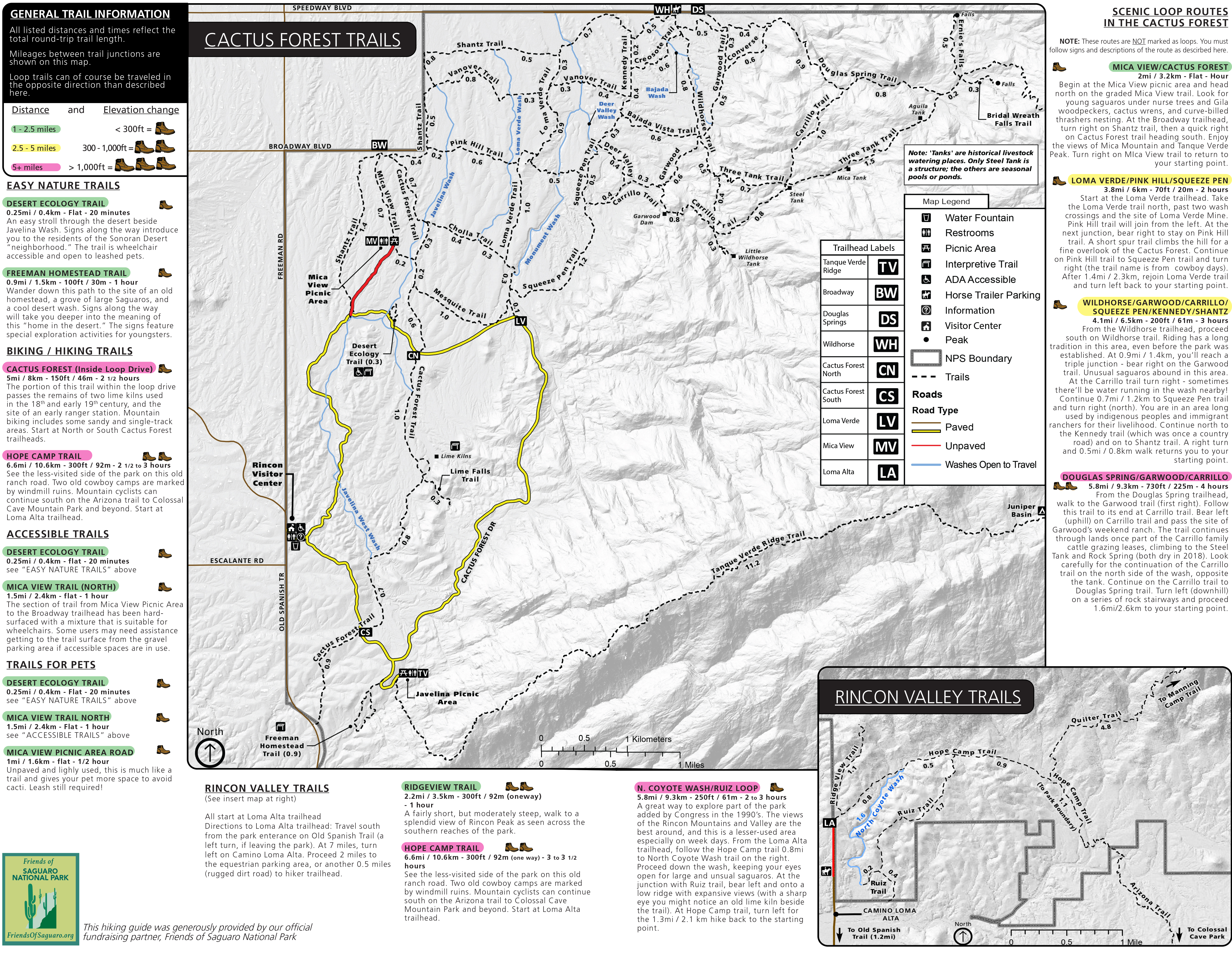 Inside pages for the RMD Hiking Guide. A large map sits in the center, with another small map in the lower right. Trail descriptions border the large map.