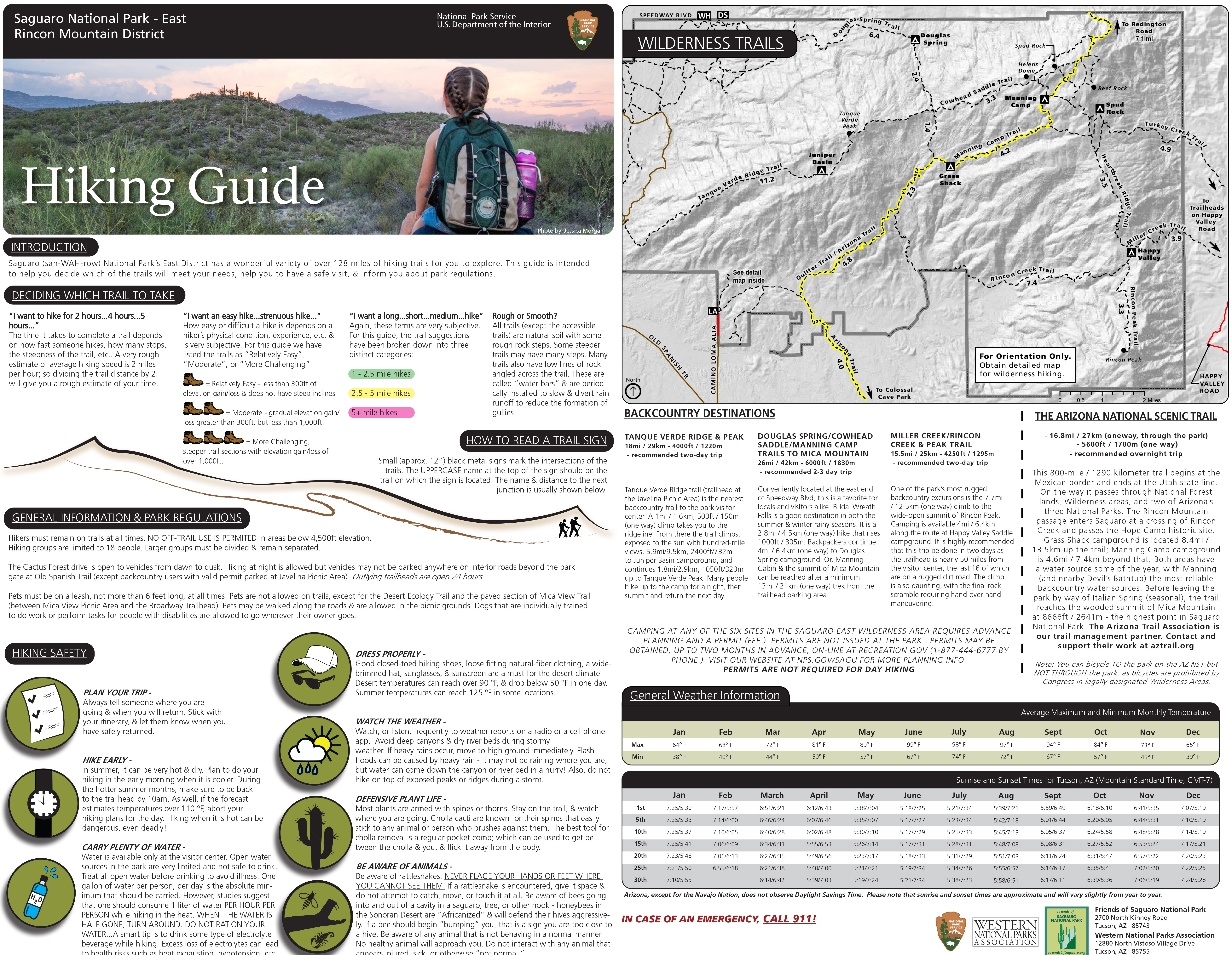 Front and back pages of the RMD hiking guide. Displays info on how to use the guide, weather and sunrise/sunset info, and a small section about the backcountry trails.