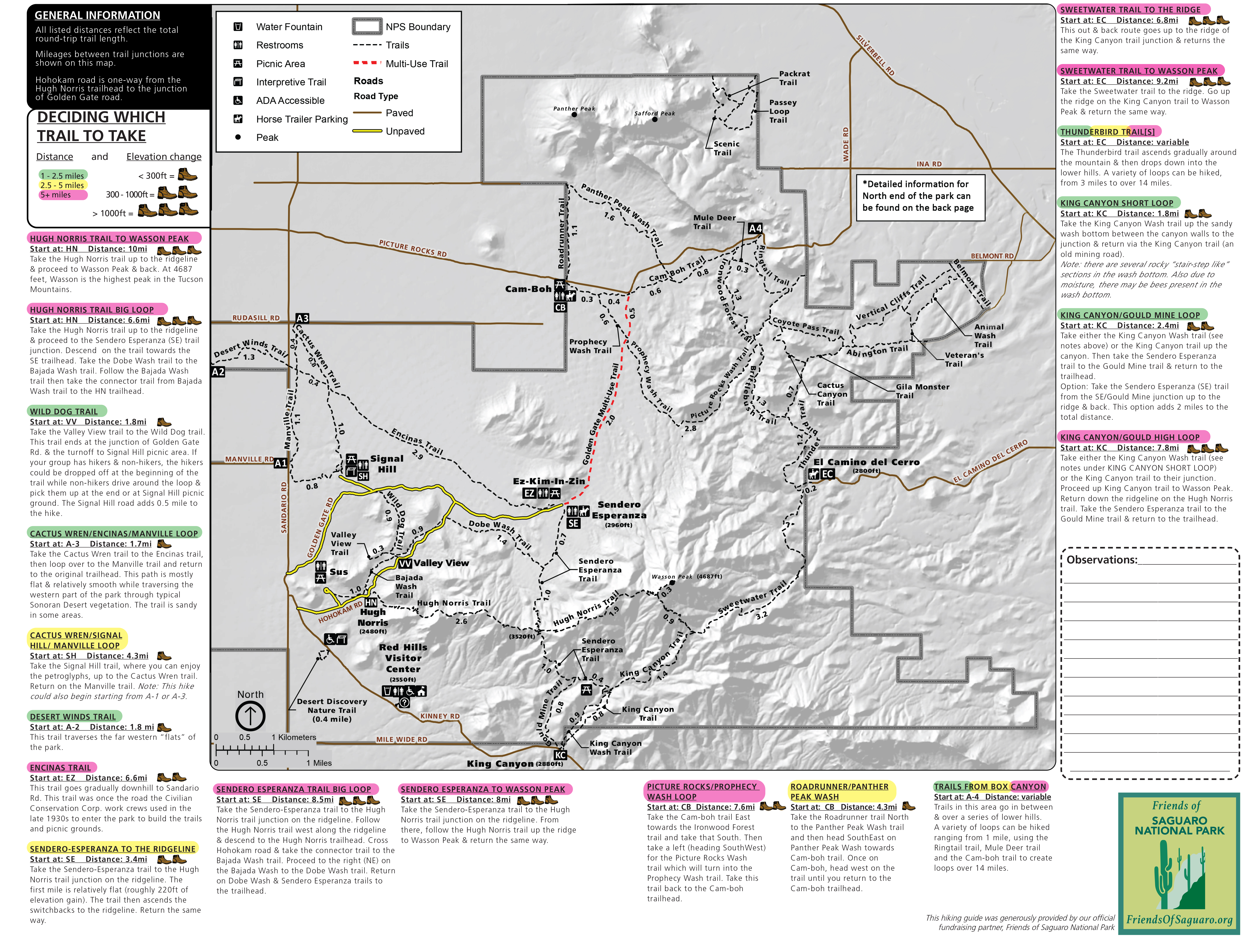 Inside pages for TMD Hiking Guide. A large map sits in the center, and is surrounded by trail descriptions along the left, right, and bottom edges.