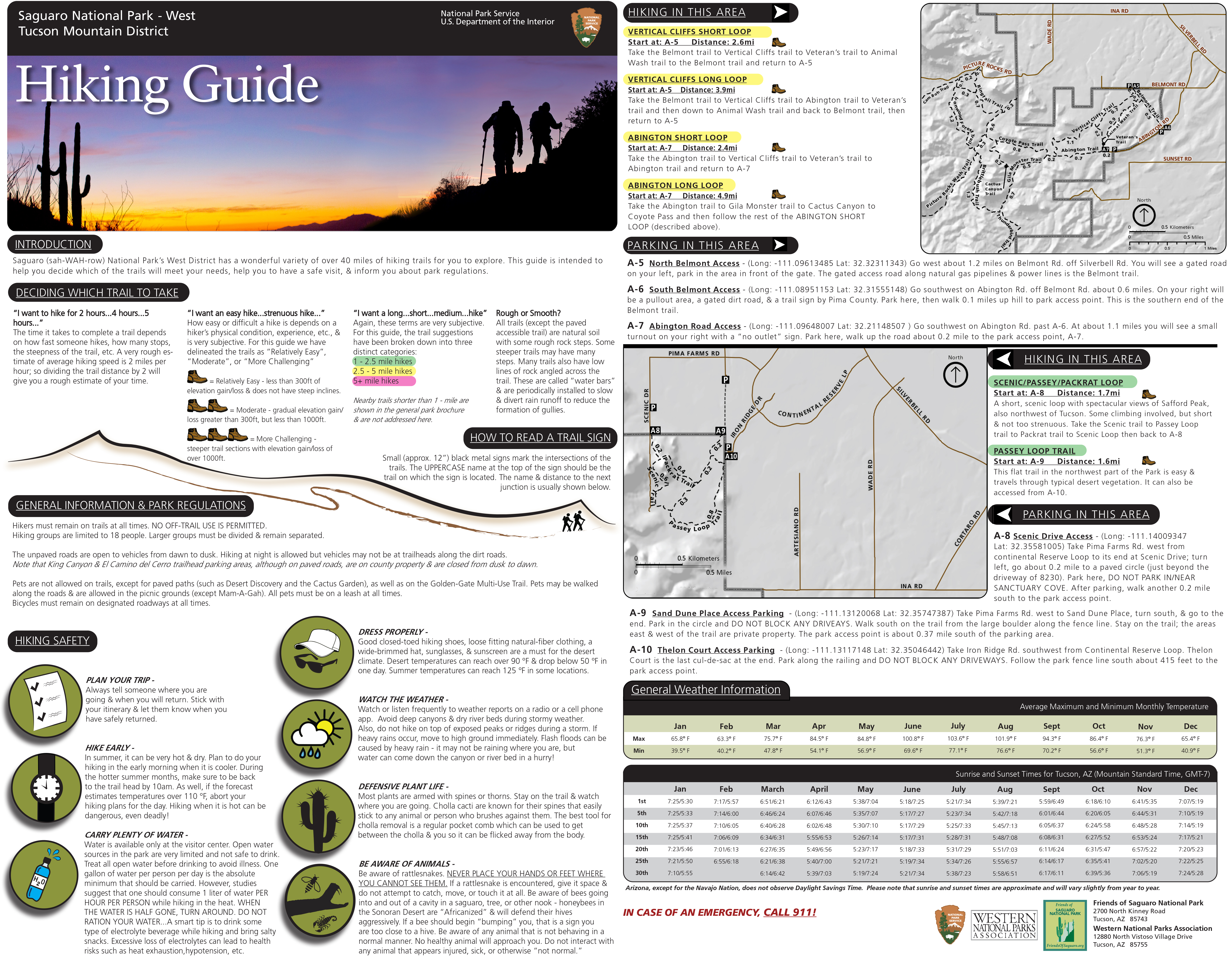 TMD Hiking Guide outside, includes front and back panels. How to use the guide, weather and sunrise/sunset times, and a few trail descriptions.