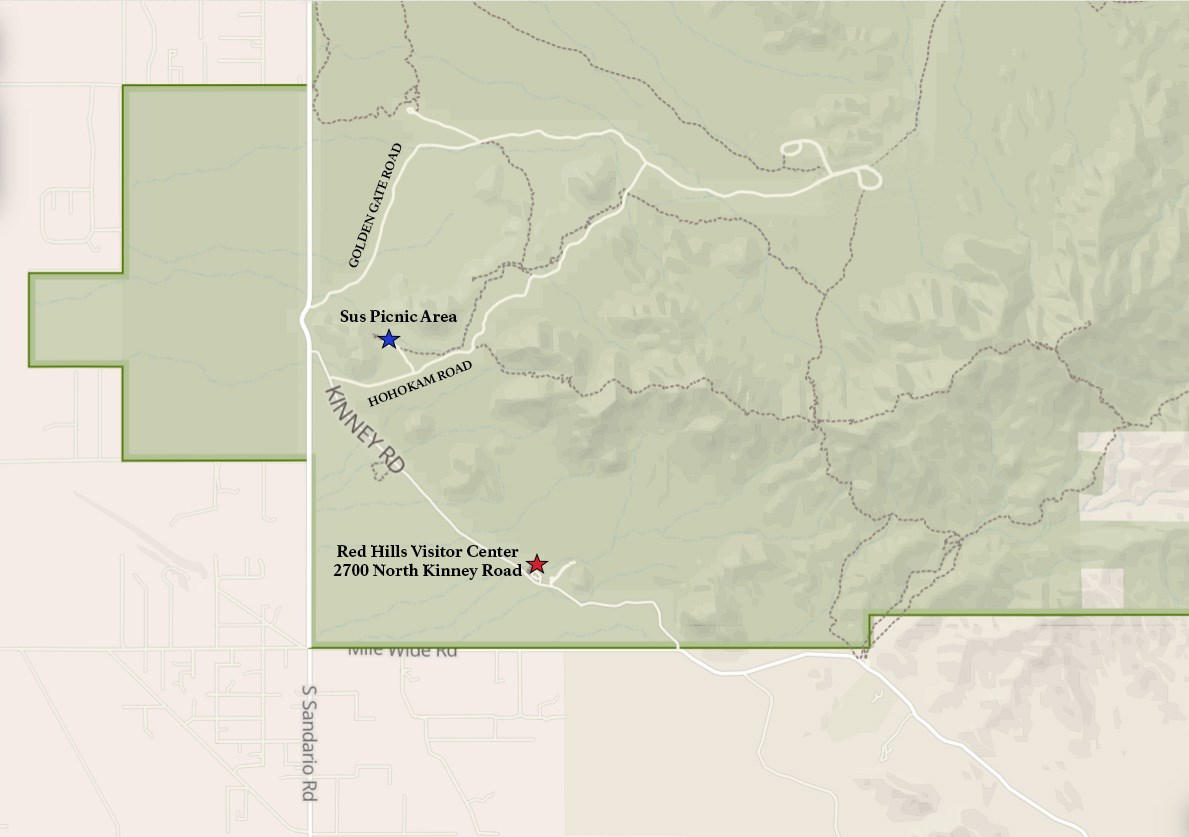 map of Tucson Mountain District with Red Hills Visitor Center marked with red star and Sus Picnic Area marked with blue star