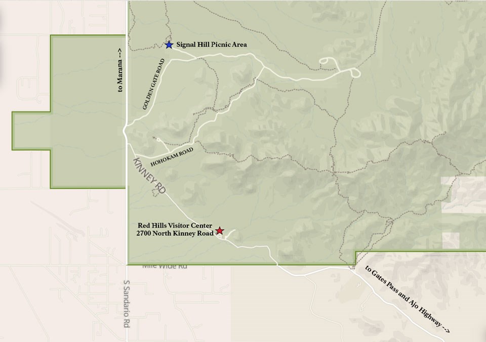 map including landmarks for Red Hills Visitor Center 2700 North Kinney Road and Signal Hill