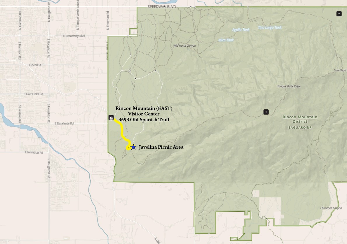 map of Saguaro east district with route and location of Javelina Picnic Area