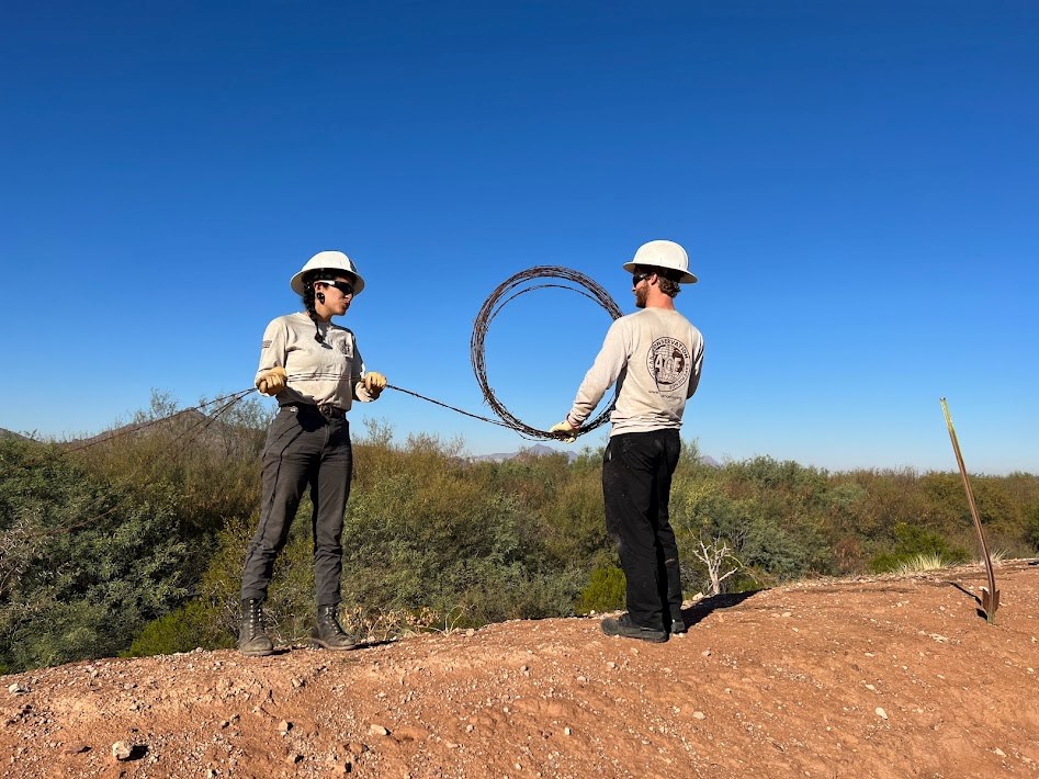 Two American Conservation Experience volunteers work together to wrap barbed wire. They are wearing gloves and hard hats for safety.