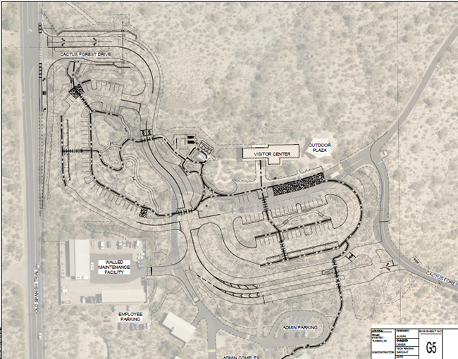 Blueprint style map overlooking the current RMD parking lot. Overlaying a satellite image is a detailed illustration showing the new proposed parking lot expansion.