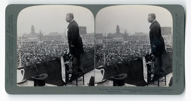 Stereograph of Theodore Roosevelt giving a speech during his 1908 Whistlestop Tour.