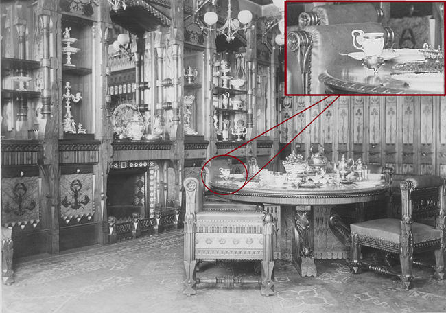 Historic photograph of Roosevelt Manhattan dining room, with a cutout of a hot chocolate cup on the dining table