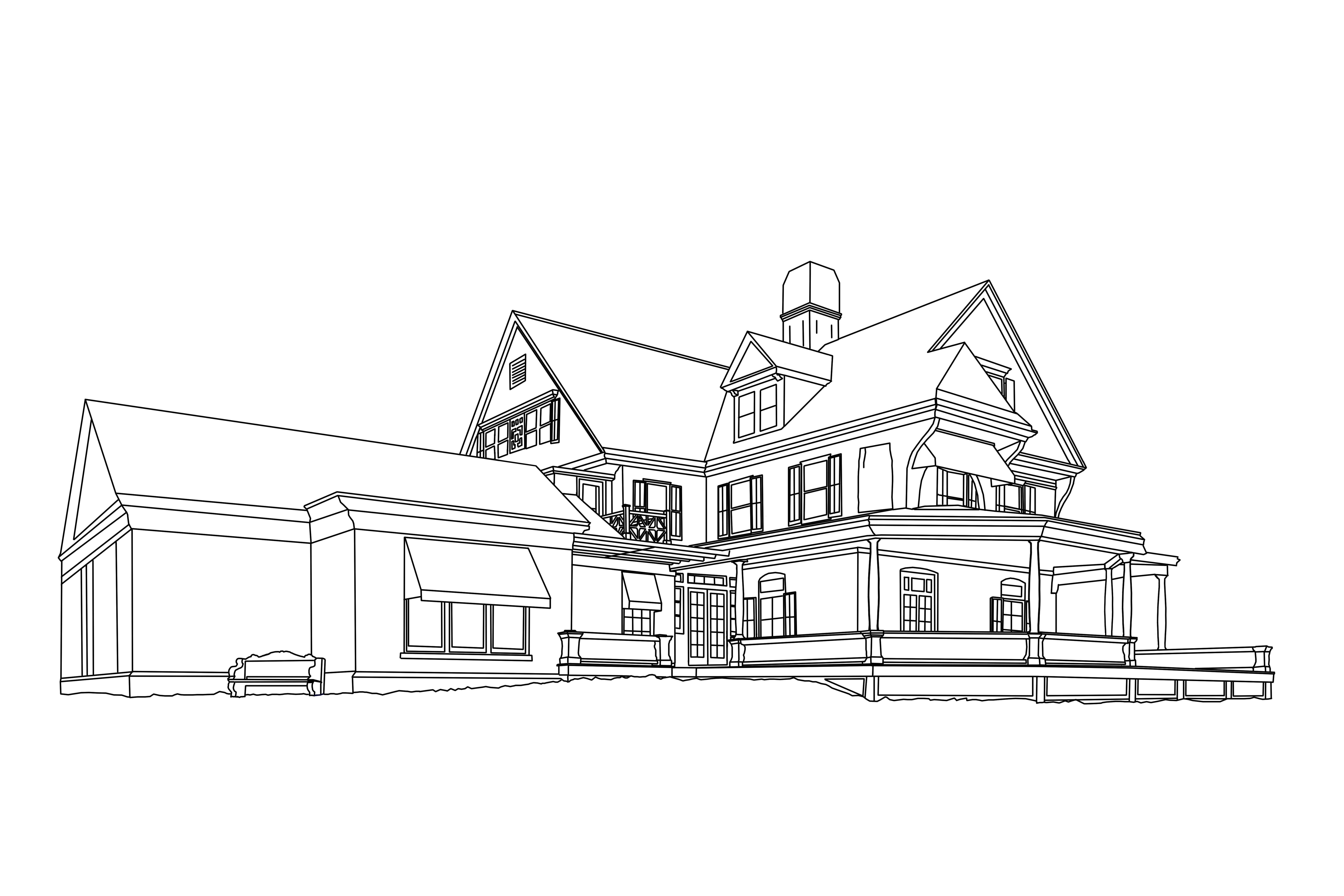 A line drawing of Theodore Roosevelt's Home at Sagamore Hill, with black lines on a white background.