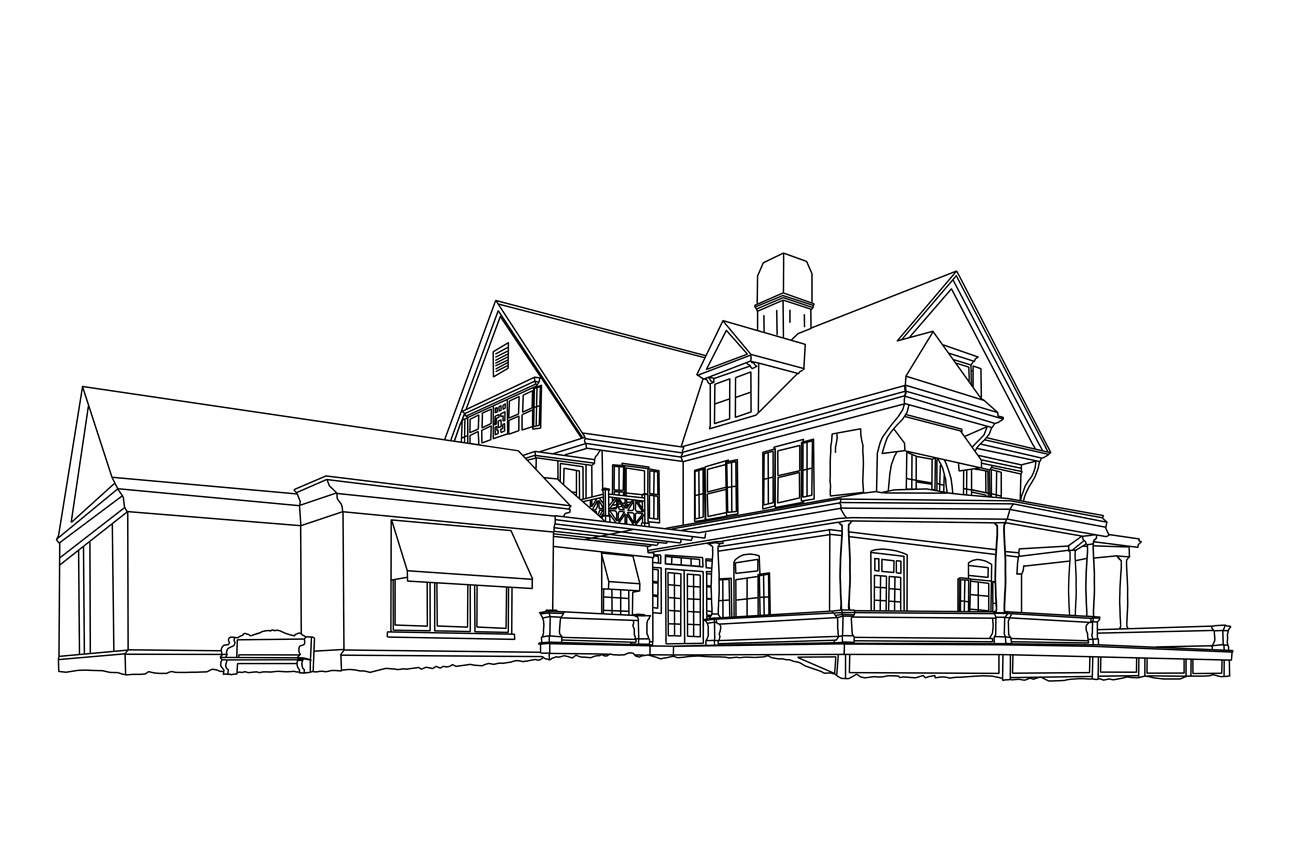 A line drawing of Theodore Roosevelt's Home at Sagamore Hill, with black lines on a white background.