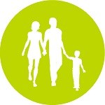 Green circle with silhouette of a family