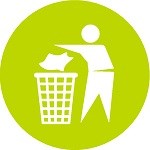 Green circle with silhouette of person disposing of trash