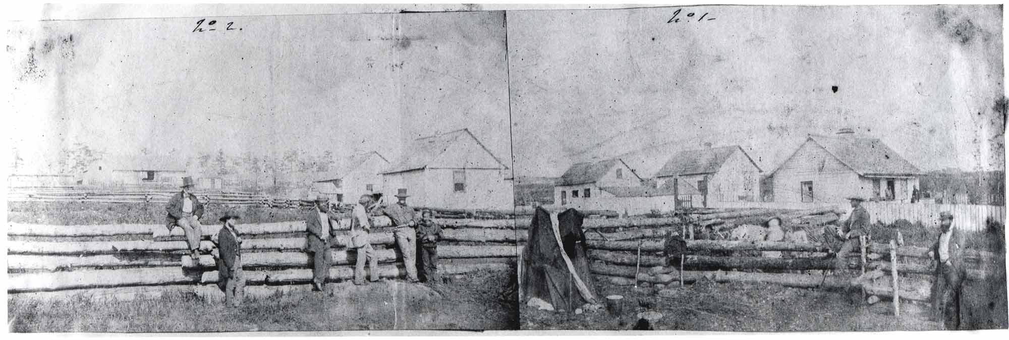 Belle Vue Sheep Farm during the height of the Pig War crisis in September 1859. At far right is the British magistrate, John De Courcy. next to him is the U.S. Civil Magistrate from Whatcom County, Henry Crosbie.