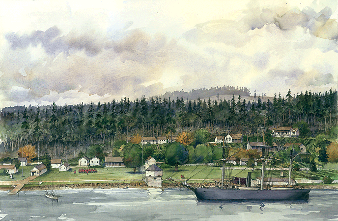 watercolor painting of a ship docked in front of a military encampment composed of numerous wooden buildings with forested land behind it and moody, multi-colored skies.